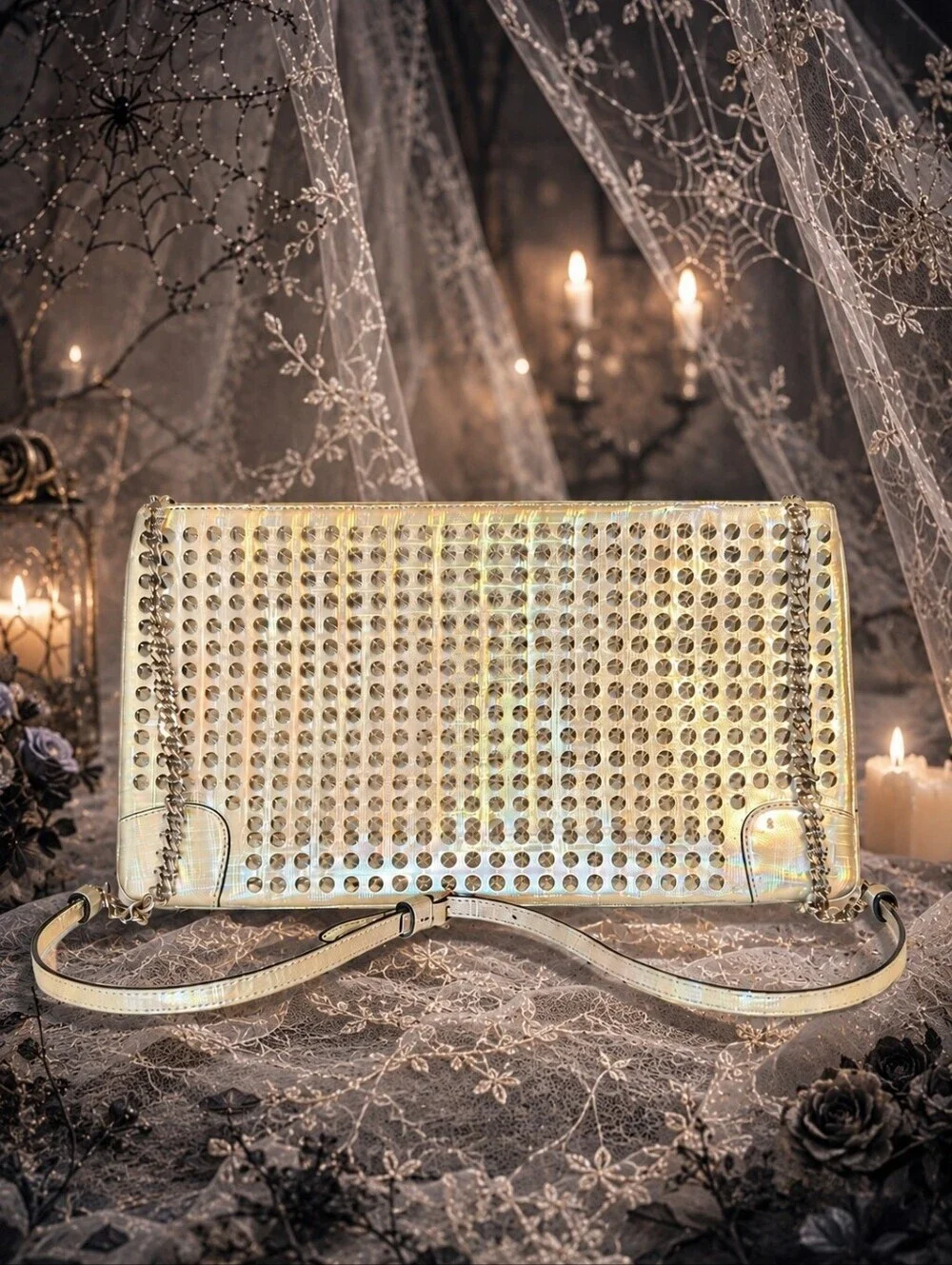 Christian Louboutin Loubiposh Studded Clutch Crossbody Galactic Silver W/COA